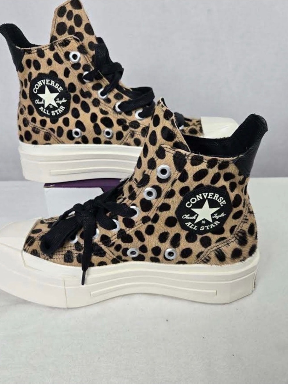 Converse Chuck 70 De Luxe Squared Leopard Fur Hair Platform Sneakers M8/W10